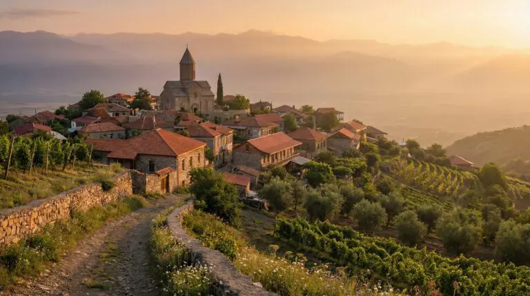 schilderachtig dorp en wijngaarden in Georgië bij zonsondergang