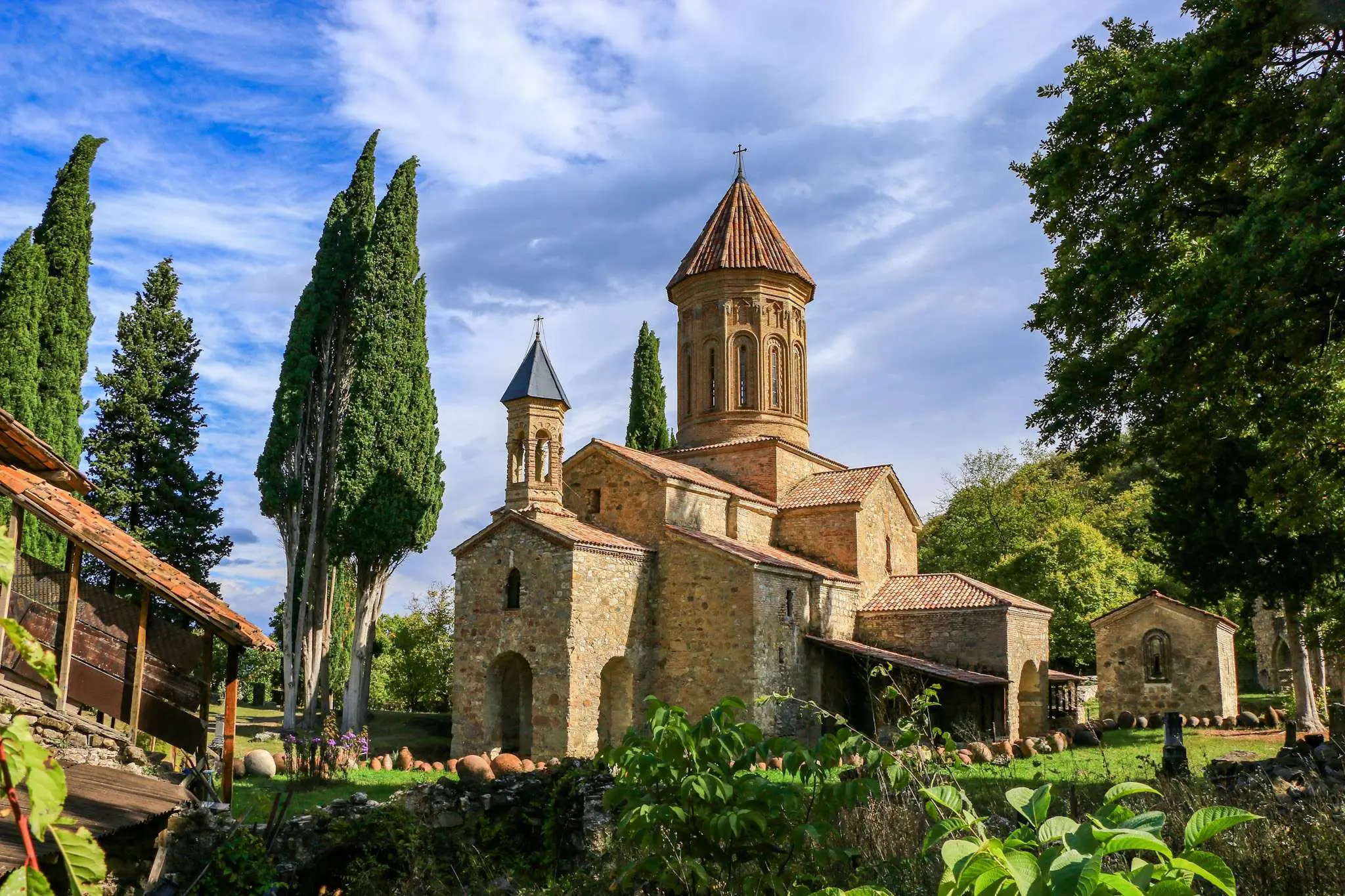 Alaverdi Monastery in Kakheti, Georgia, under a blue sky
