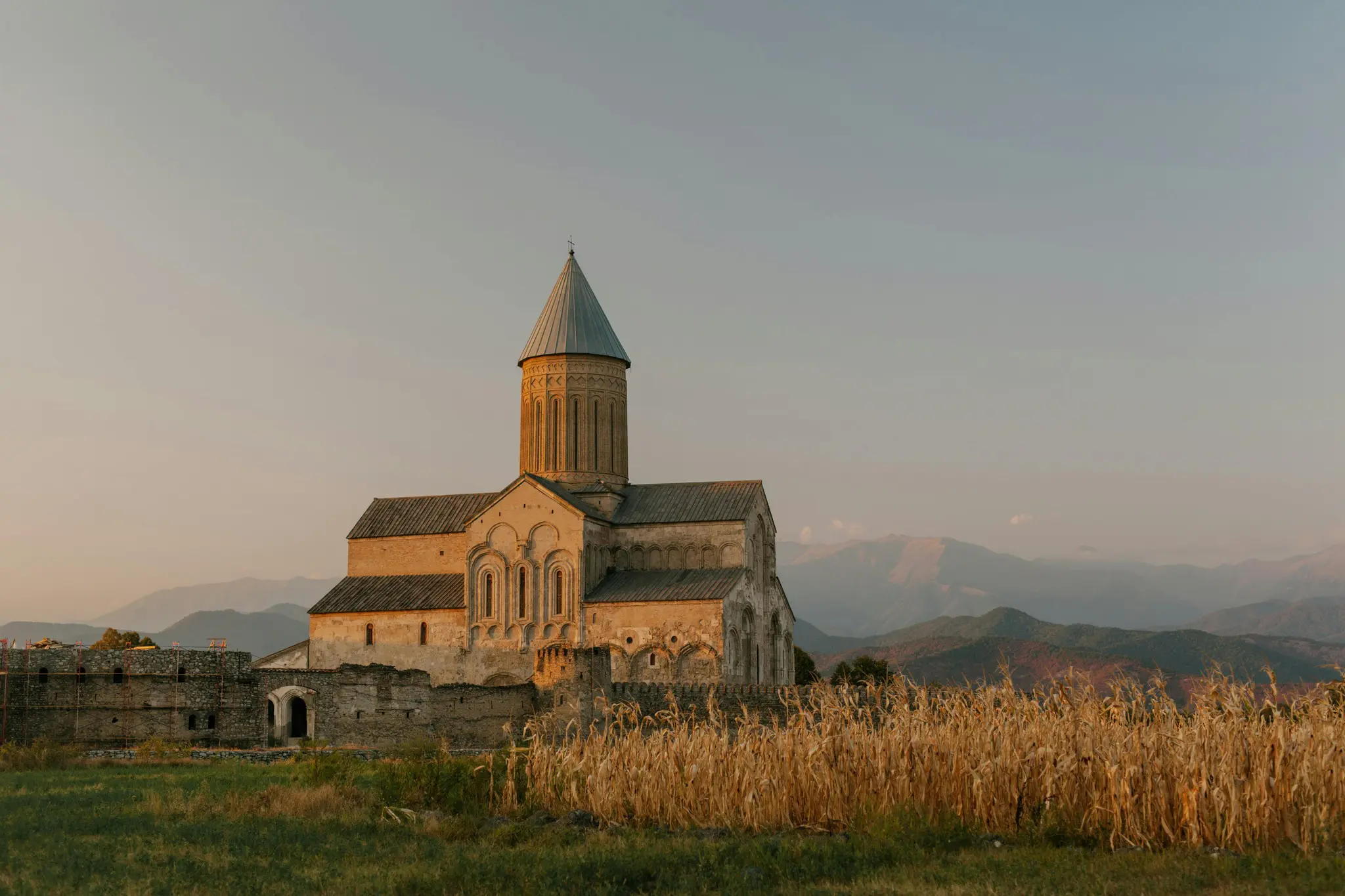 Alaverdi Monastery in Georgia at sunset with mountains