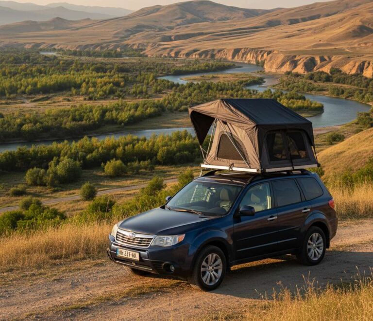 Subaru met een daktent in Georgië